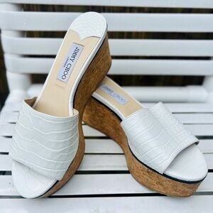 Jimmy Choo White Croc-Embossed Leather Cork Wedge Sandals - EU 40 / US 9